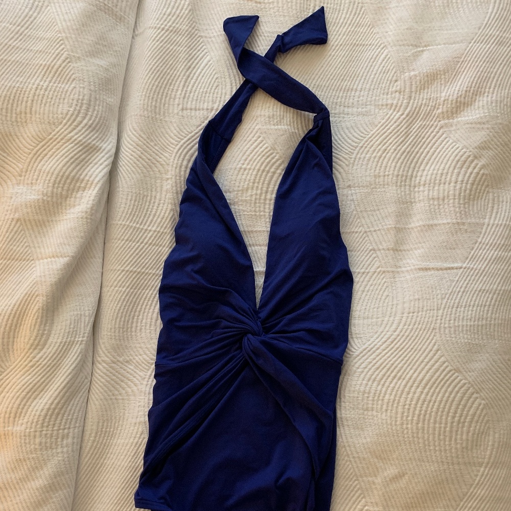 Michael Kors blue deep-v twist halter swimsuit